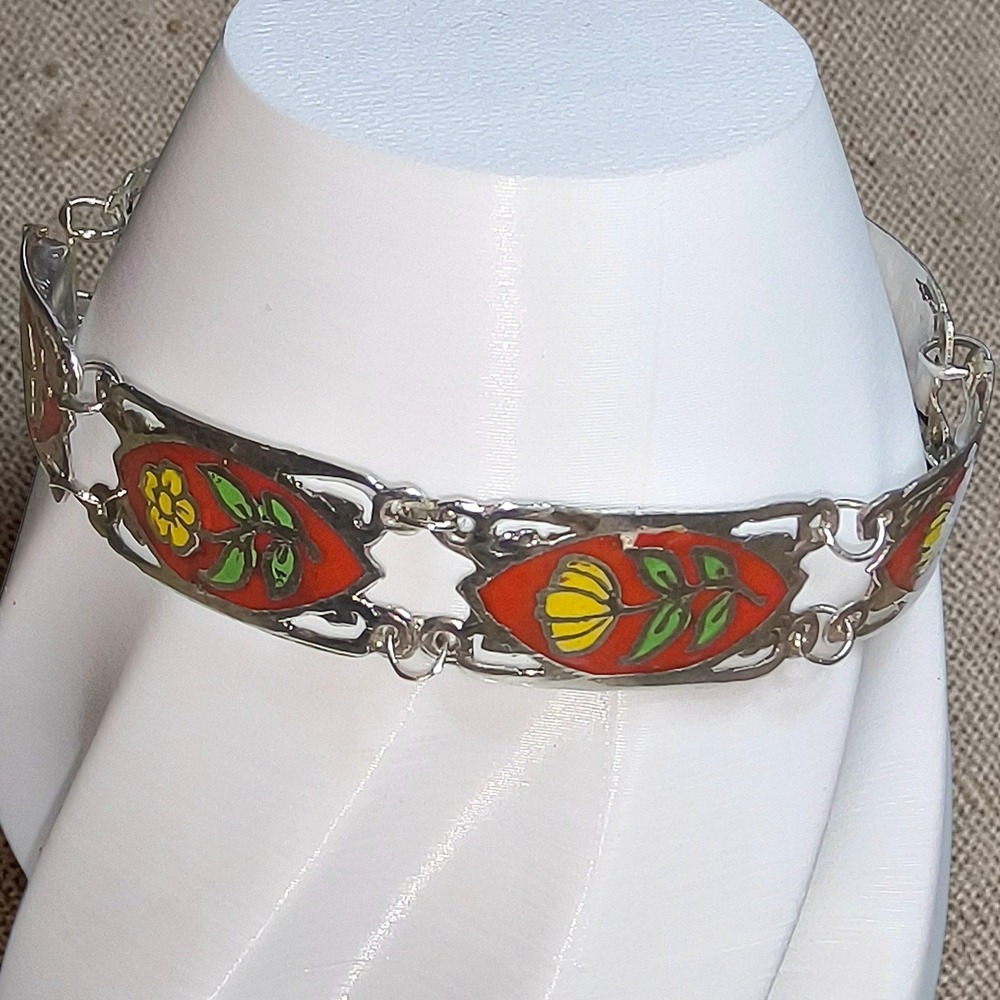 Vintage Sterling Silver Enamel Floral Bracelet Red Yellow Green Flowers (READ)